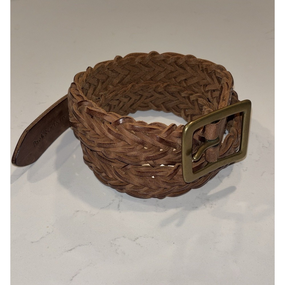 Polo Ralph Lauren Brown Braided Herringbone Leather Belt Bronze Buckle 36/90